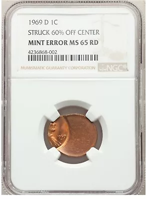 ER001 1969-D 1C Lincoln Cent -- Struck 60% Off Center -- NGC MS65RD • $998