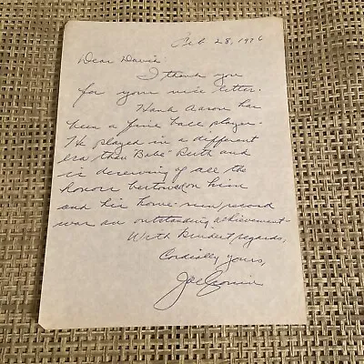 JOE CRONIN Handwritten Letter SIGNED Baseball HOF Died-1984 Hank Aaron Babe Ruth • $199.99