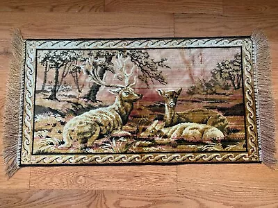 Vintage Deer Tapestry Wall Hanging Buck Lodge Cabin Décor 21  X 40  Rug Fringe • $32