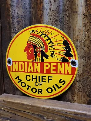 Vintage Indian Penn Porcelain Sign Gas Advertising Chief Of Motor Oil Pump Plate • $164.71