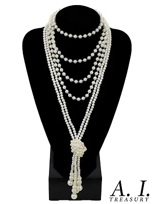 Cream Faux Pearl Necklace Long Beads Vintage Bridal 1920s 20s • £3.99