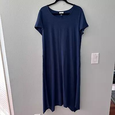 J. Jill Tencel Linen Midi Dress Blue Short Sleeve Women's MEDIUM Asymmetrical • $24.78