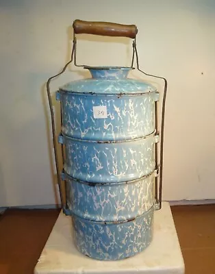 #34 Blue/white Stacking Spatter Graniteware Miners Railroad Lunch Pail 16 T  6pc • $49.99