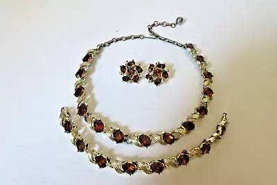 Lisner 3 Piece Necklace Bracelet Earrings Set Parure Amber Topaz  Rhinestones • $75