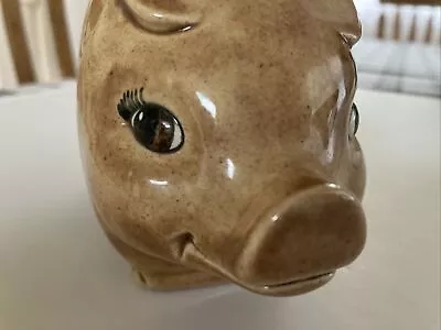 Vintage Piggy Bank Anthropomorphic Ceramic Pig 6 X 3” Brown Eyelash Hand Painted • $0.99