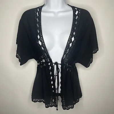 Vintage 90s Mossimo Black Knit Crochet Lace Tie Front Cardigan Sweater Size L • $26.60