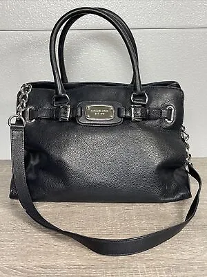 Michael Kors Hamilton Satchel Black Pebbled Genuine Leather Large Handbag Purse • $109.99