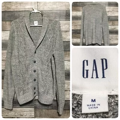 Gap Fisherman Sweater Cardigan Men’s M Heather Gray Shawl Collar Cotton Blend N4 • $26.99