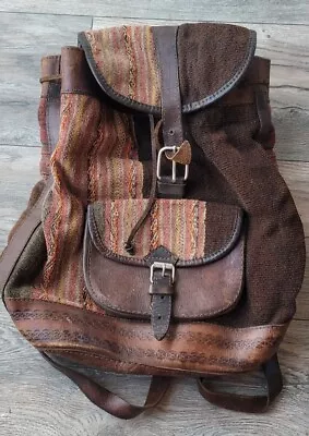 Vintage Brown Distressed Woven? Leather Tooled Backpack  Unisex 12  • $54.53