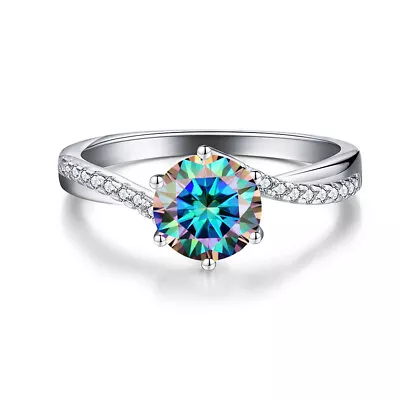 Luxury Blue Rainbow 1CT Moissanite Twisted Ring Women Soild 925 Silver Jewelry • $12.89