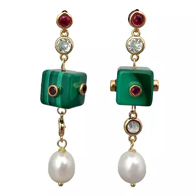 Natural Green Malachite Cube Cz Pave Chain White Rice Pearl Dangle Stud Earrings • $18