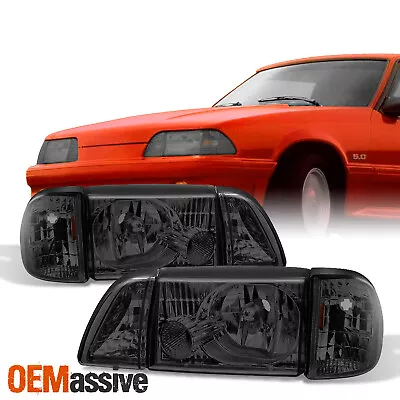 Fit 87-93 Mustang Smoke Headlights W/ Corner & Parking 6Pcs Complete Replacement • $108.99