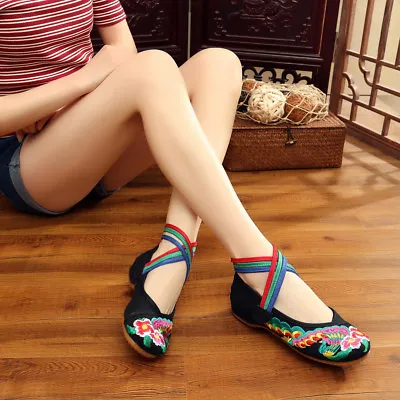 £15.59 • Buy Women Folk Embroidered Chinese Flower Flat Shoes Mary Jane Cotton Ballet Sandals