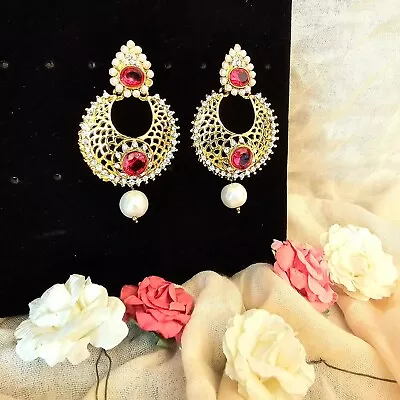 Indian Jewellery Earrings: Gold Earrings With Red Stone And Pearl • $20