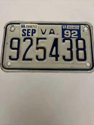 Virginia Motorcycle 🏍 License Plate. Vintage 1992 Tag # 925438 Sept VA • $12.75