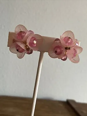 Vintage Clip On Earrings Pink Beaded Flower Germany Acrylic • $9.85