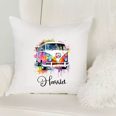 VW Campervan Cushion - Water Colour Splash Design With Name/text To Be Added • £8.99