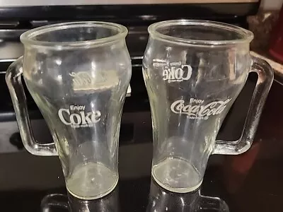 2 Vintage Coca Cola Clear Glass With Handle Libbey Canada Mug Enjoy Coke 16 Oz. • $15