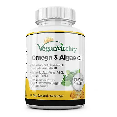 Vegan Omega 3 Algae Oil Capsules. 400mg DHA 2 Months Supply Fish Free Vegetarian • £15.99