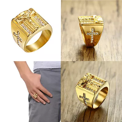 US Mens Stainless Steel Gold Plated CZ Jesus Cross Crucifix Ring Size 7 8-12 • $11.49