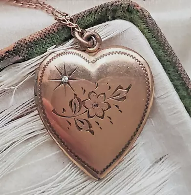 Vintage Gold Fill Diamond Engraved Floral Heart Photo Locket Carl Art Necklace • $44