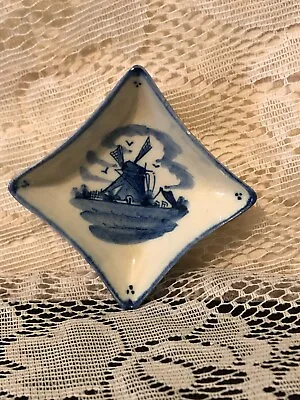 Vintage Delft Holland 2011 Ring/trinket Small Square Dish WINDMILL Signed   A7 • $5