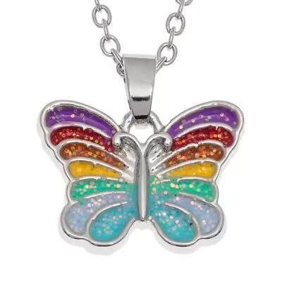 Butterfly Rainbow Glitter Necklace Pendant Girls Childs Silver Fashion Jewellery • £4.99