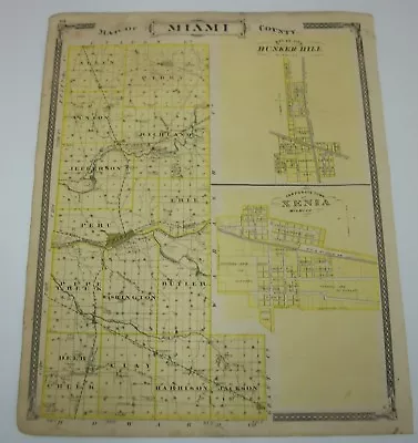 Antique 1876 Indiana Map Atlas Miami Co Bunker Hill Xenia Peru Mexico Deedsville • $19.99