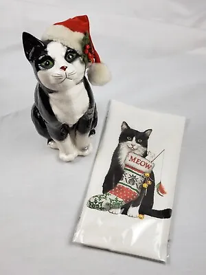 Vintage 1987 Enesco Christmas Tuxedo Cat Porcelain/ceramic Figurine 8.5  Tall • $32.95