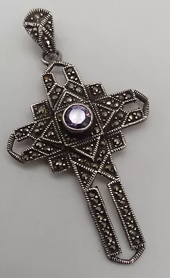 Vintage Sterling Silver Amethyst Marcasite Cross Necklace Pendant 6cm • $35