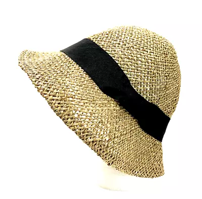 H & M Hat Womens Bucket Open Weave Straw Black Band Size 58 L Large • $14.99