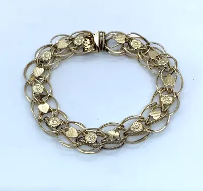 Vintage 14K Round Link Charm Bracelet 7.5 Inch 11.4 Grams Hearts Flowers • $470.25