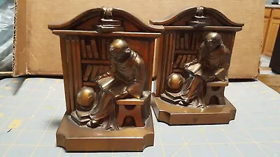 Antique 1922 Ronson Brass Metal Bookends - Studious Friar At His Books • $45