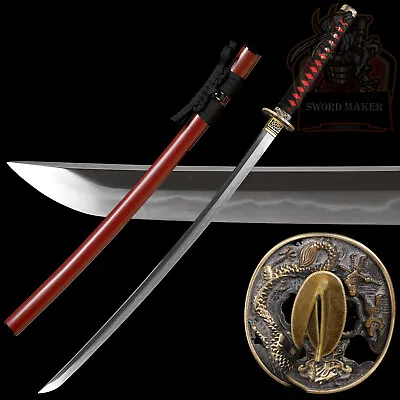 Japanese Katana Sword Full Tang T10 Steel Clay Tempered Real Hamon Red Saya  • $99.99