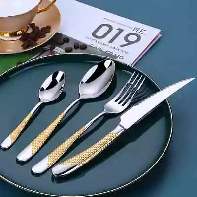 8/12/16/20/24Pcs Gold Plated Cutlery Set Utensils Stainless Steel Tableware • $91.88