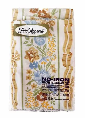 NEW~Vintage LADY PEPPERELL 2 Standard Pillowcases No-Iron Blue Tan Floral • $23.74