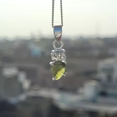 Moldavite & Herkimer Pendant 925 Sterling Silver Czech Moldavite Rough Pendant • $32.50