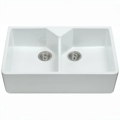 CDA KC12WH Belfast Ceramic Double Bowl Farmhouse Sink White Sit-on • £279