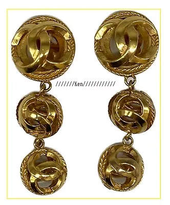 CHANEL Earrings AUTH Coco Logo Mark Vintage Gold 3 Ball Swing Clip On Rare F/S • £942.01