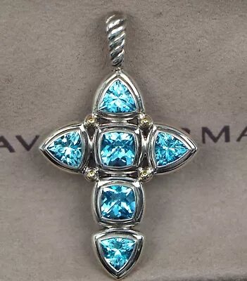 $1950 David Yurman 18k Yellow Gold Silver Blue Topaz Cross Renaissance Necklace • $925