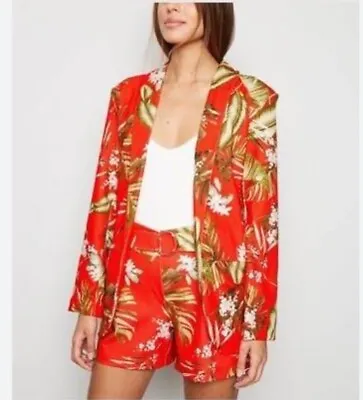 Zara Red Floral Print Satin Blazer Side Pockets And Shoulder Pads Size Small • $65