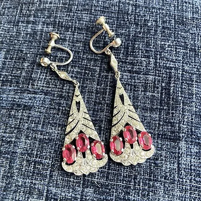 Antique Edwardian Diamond Ruby Paste Drop Earrings • £65