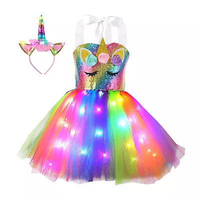 LED Kids Unicorn Fancy Dress Up Girls Party Tutu Sequins Costume Headband Outfit • £18.99