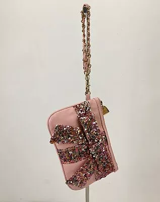 Betsey Johnson Pink Faux Leather Multicolor Sequin Bow Zip Pouch Wristlet Clutch • $12