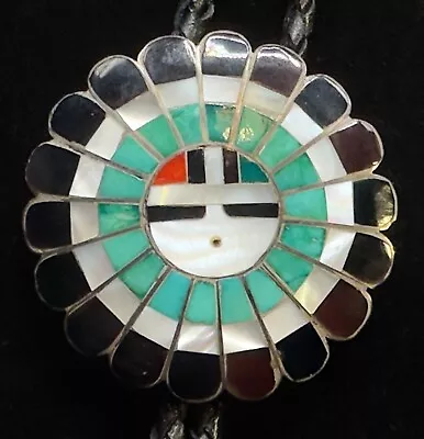 Vintage Zuni Sunface Kachina Bolo Tie By Dora & Jose Massie (turquoise & Silver) • $150