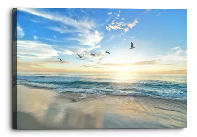 Seascape Sunset Blue Yellow Birds Beach Canvas Wall Art Picture Home Decoration • £13.99