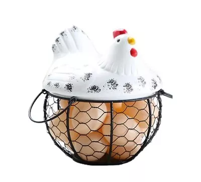 Metal Wire Egg Storage Basket Snack Fruit Basket With Ceramic Hen Side Handles • £11