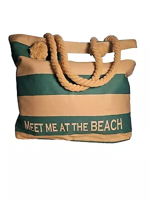 Canvas Tote Bag Meet Me At The Beach Stripe Turquoise White Nautical Waterproof • $17.99