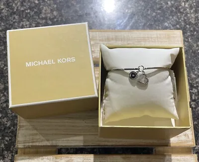 MICHAEL KORS Silver Logo Heart Hinged Bangle Bracelet NEW With Box • $42