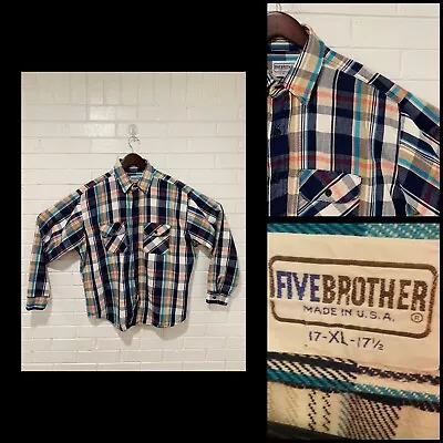 Vintage 5 Five Brother Cotton Plaid Flannel Bottom Down Shirt Size XL 17-17 1/2 • $29